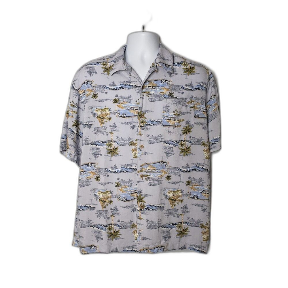 GEORGE Blue Hawaiian Palm Tree Old Car Woody Short Sleeve Shirt Mens Size Large